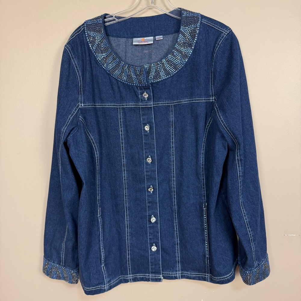 Quacker Factory Womens Blue‎ Rhinestone Embellished Denim Jacket Dark Wash Large